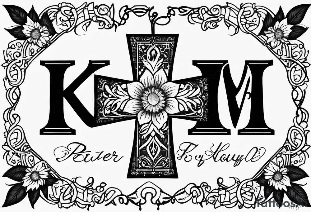A cross with my family’s names on it names are Peter Lori Kyle and peter around Peter’s  name put a motercycle and a bear around loris name put a sunflower and a heart and around Kyle’s name put a baseball and electricity tattoo idea