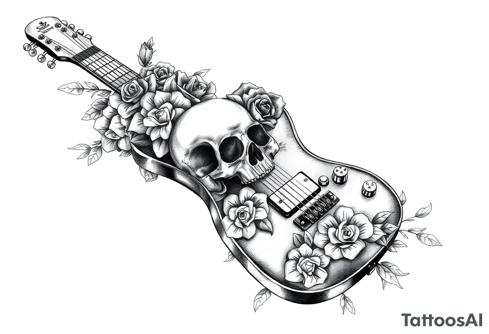 Electric guitar with skulls and roses on it tattoo idea