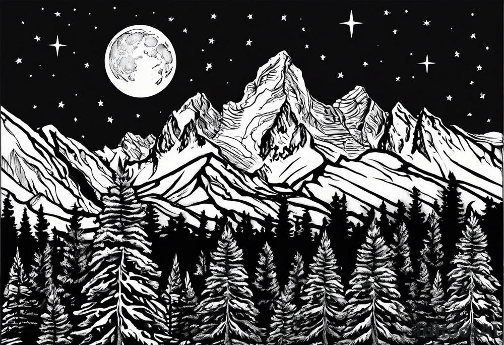 Half sleeve of Teton mountain range, moon In the sky and a few for trees tattoo idea