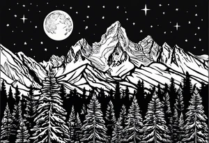 Half sleeve of Teton mountain range, moon In the sky and a few for trees tattoo idea