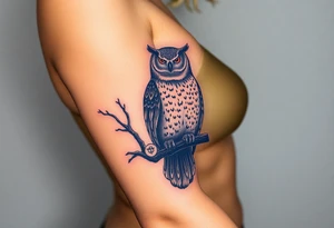 wise owl perched on ancient oak branch under starlit sky tattoo idea