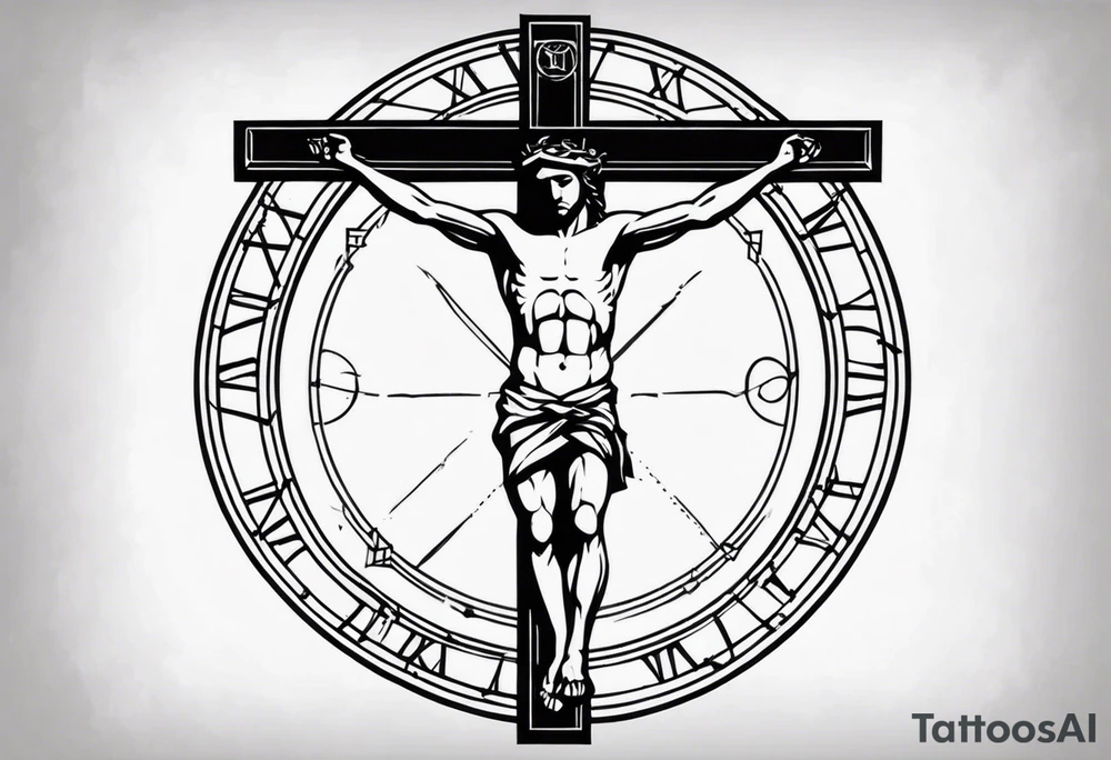 Crucified man inside a circle of Roman numerals tattoo idea