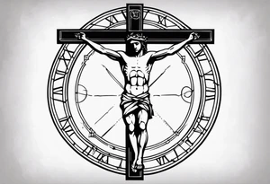 Crucified man inside a circle of Roman numerals tattoo idea