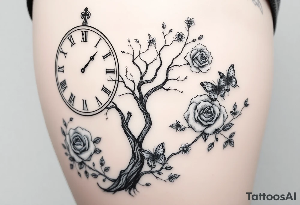 a big clock, big poisoned tree, big and small roses, big and small butterflies tattoo idea