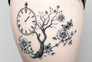a big clock, big poisoned tree, big and small roses, big and small butterflies tattoo idea