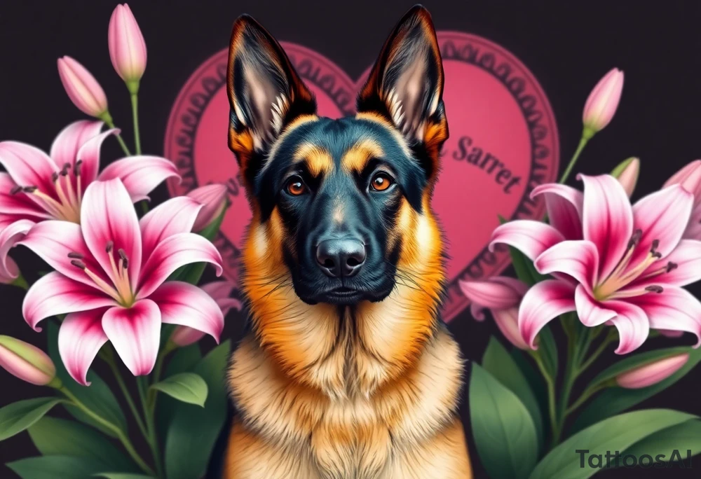 realistic german shepherd with alert ears looking protective surrounded by pink lilies with large leaves in front of a sacred heart tattoo idea
