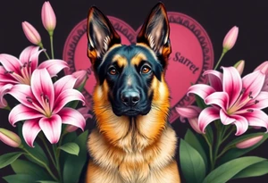 realistic german shepherd with alert ears looking protective surrounded by pink lilies with large leaves in front of a sacred heart tattoo idea