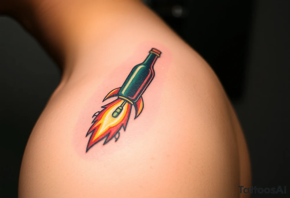 A beer bottle shaped like a rocket, blasting off with foam and hops as its fiery exhaust tattoo idea