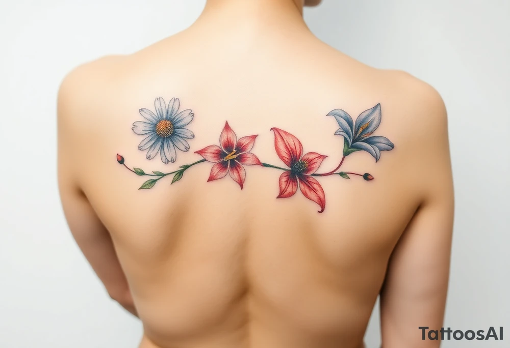 This tattoo is on a woman. It is a line of flowers connected by a single stem. It starts on her left pectoral with a Glaiolus and Daisy together, then the tatoo rises over the left shoulder and down the arm and ends at the elbow. The tattoo will include a primrose, Calla Lily, and a Lilly. It will be light on color except in the petals and has light shading to make it pop. tattoo idea