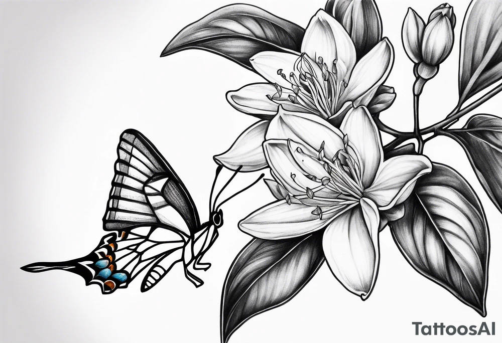 Botanical upper arm tattoo with natural and realistic looking honeysuckle with a long tailed tit perched on it tattoo idea