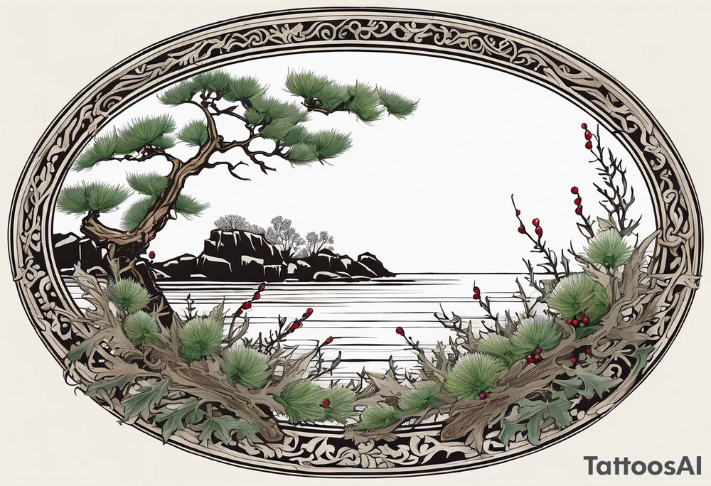 An oval frame of driftwood and seaweed with a thistle at the bottom of the frame and holly berries. The framed image is of a cliffside beside the sea. tattoo idea