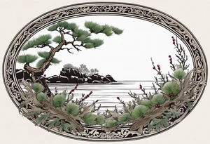 An oval frame of driftwood and seaweed with a thistle at the bottom of the frame and holly berries. The framed image is of a cliffside beside the sea. tattoo idea