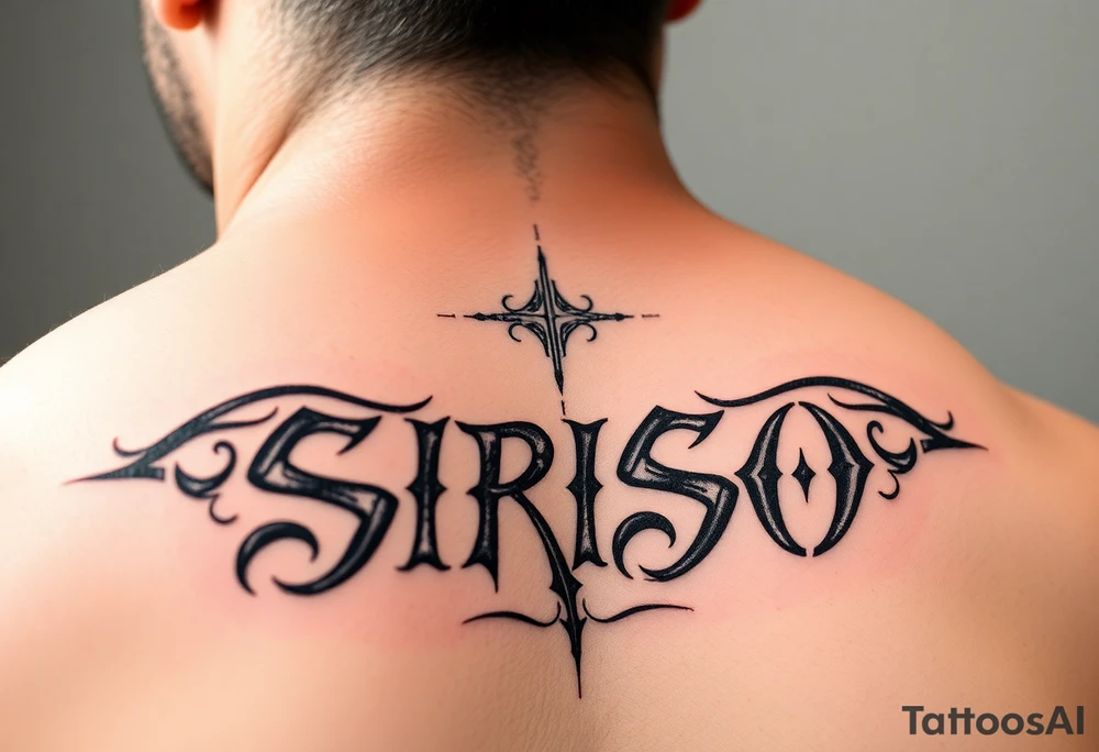 Tribal font like Dave Bautista tattoo saying “SIRISO” on bicep tattoo idea