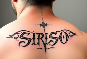 Tribal font like Dave Bautista tattoo saying “SIRISO” on bicep tattoo idea