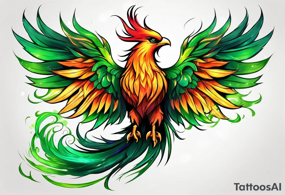 Phoenix Bright colours rising from green flames that destroyed it tattoo idea