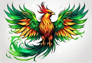 Phoenix Bright colours rising from green flames that destroyed it tattoo idea