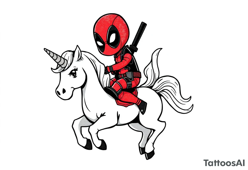 Silly glittery Deadpool riding unicorn tattoo idea