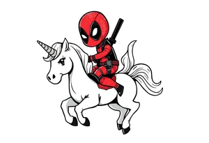 Silly glittery Deadpool riding unicorn tattoo idea