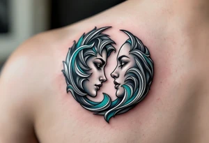 A dynamic Yin-Yang symbol formed by two mirrored faces, with swirling silver and teal accents, embodying balance and contrast. tattoo idea