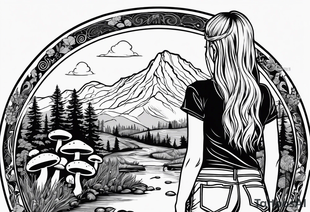 Whole picture encircled fully

Straight long blonde hair hippie girl in distance holding mushrooms in hand facing away toward mountains and creek surrounded by mushrooms long sleeve shirt and hiking pants; whole rendering within a full circle, no cut off circle tattoo idea