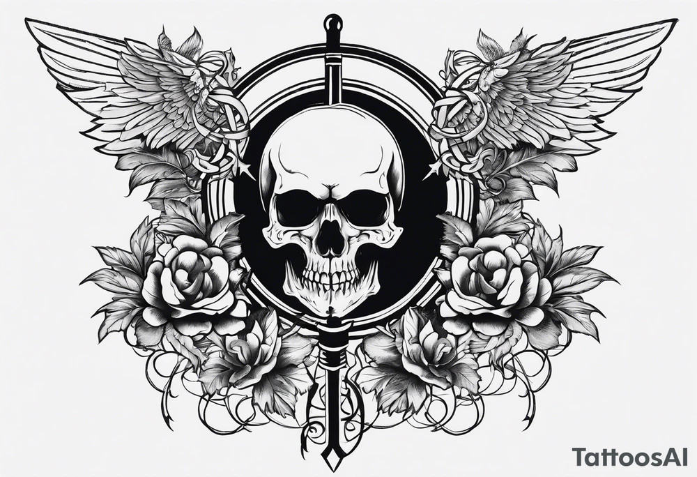 In the center is a half skull pierced by a large sword. On either side of the skull, there are spread angel wings, Beneath the skull is a ribbon with latvian symbols that weaves through both the skull and the sword tattoo idea