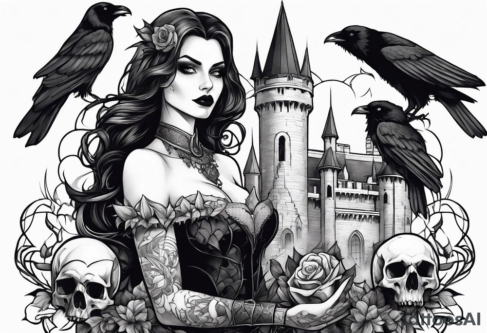 Sexy vampire holding skulls and crow with castle tattoo idea