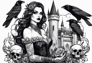 Sexy vampire holding skulls and crow with castle tattoo idea