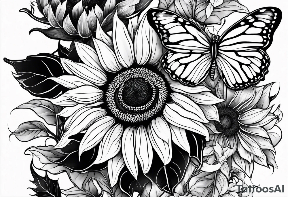 Arm sleeve with sunflowers and butterflies tattoo idea