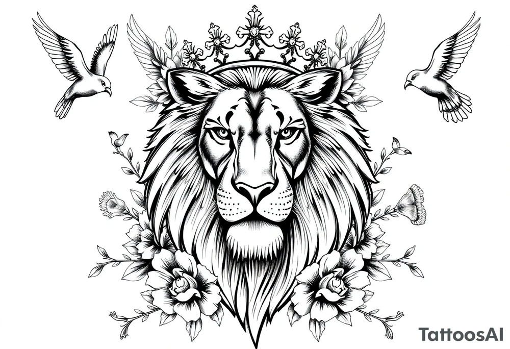 powerful majestic lion with a crown, surrounded by floral ornaments and birds tattoo idea