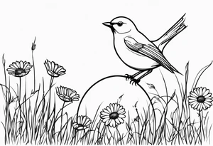Little bird outline perched in a field of grass and daisys tattoo idea