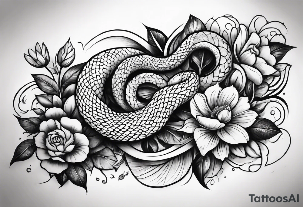 forearm snake and flower sleeve stencil tattoo idea