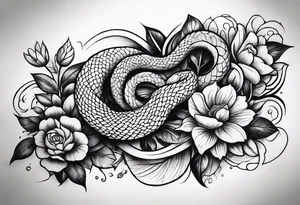 forearm snake and flower sleeve stencil tattoo idea
