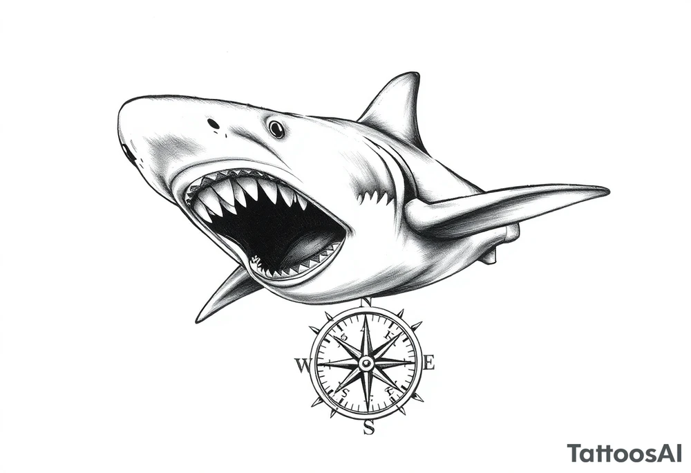 hammerhead shark with open mouth,under it a compass. tattoo idea