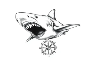 hammerhead shark with open mouth,under it a compass. tattoo idea