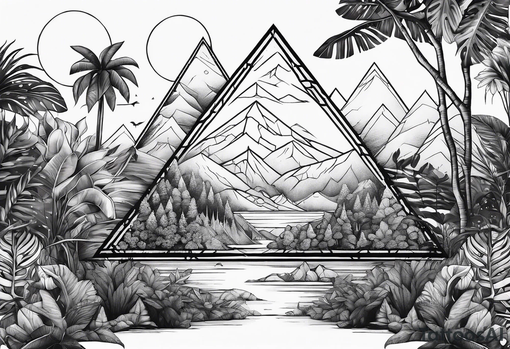 thick line art of space and jungle in 3 triangle shape tattoo idea