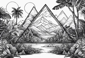 thick line art of space and jungle in 3 triangle shape tattoo idea