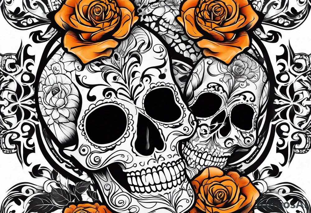 Sugar skull with roses that are orange and black tattoo idea