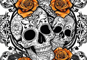 Sugar skull with roses that are orange and black tattoo idea