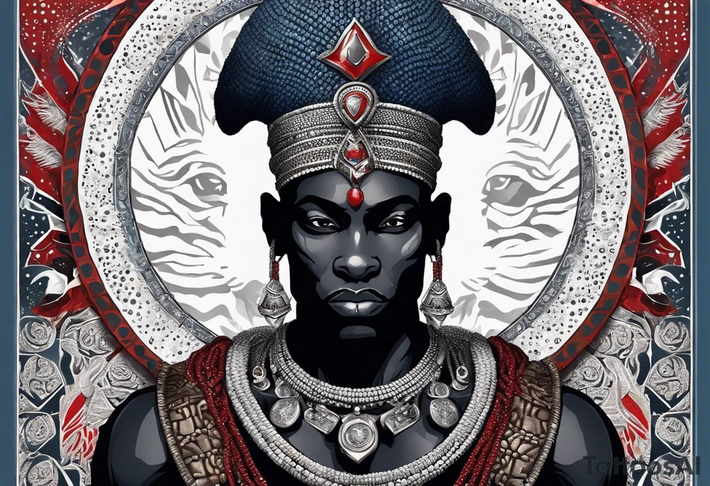 An african god, a bald black-skinned warrior, that uses a sword and a silver crown. He also uses blue and red necklaces tattoo idea