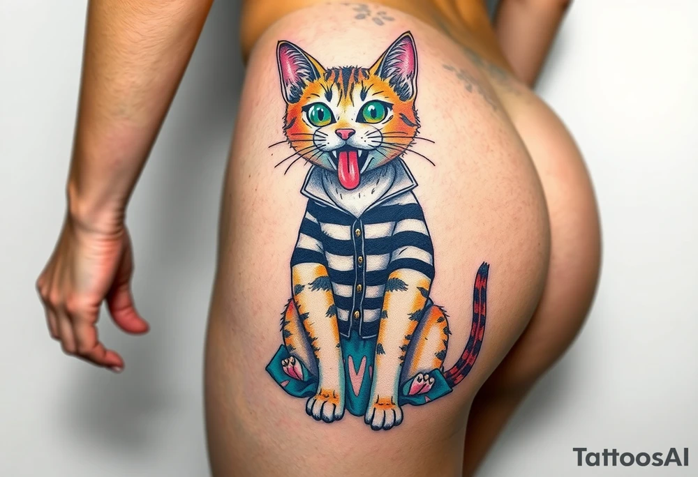 Design a tattoo of a high-quality full color illustration in a surrealism style. The main element should be a cat wearing a straightjacket sitting upright on its butt  wearing  a  skirt that is knee length and displaying a wild, crazy expression on its face.  , bulging eyes and tongue hanging ouy one side og its mouth ,very detailed, very colorful and  vivid , highest quality tattoo . it  is placed on the buttock  of a young woman with a perfectly shaped firm butt, tattoo idea