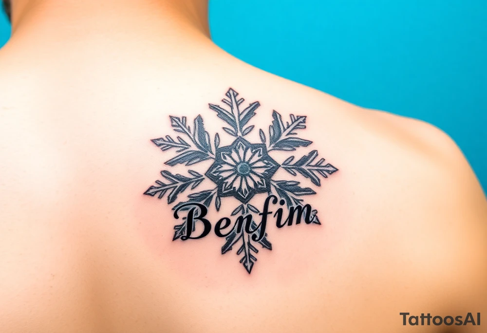 A snowflake on Blue backround and the name „Berfin“ in it tattoo idea