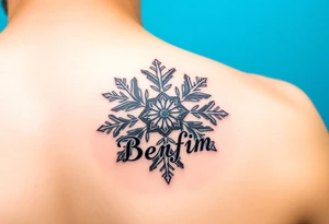 A snowflake on Blue backround and the name „Berfin“ in it tattoo idea