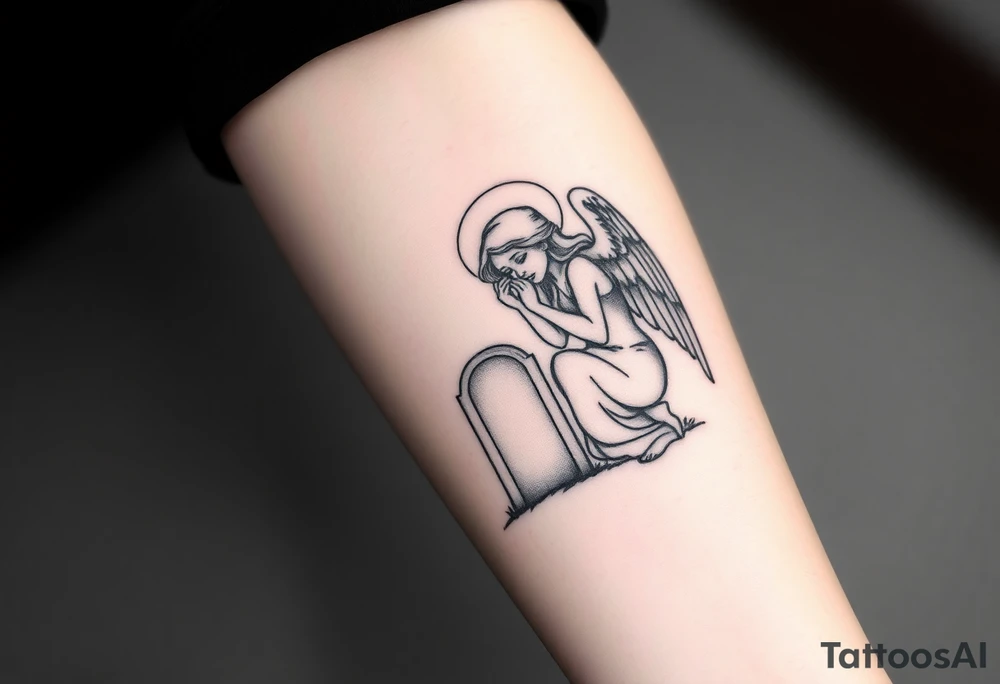 Beautiful woman angel crying over a tombstone tattoo idea