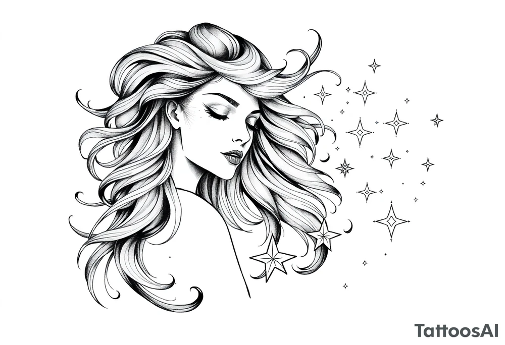 ethereal goddess with flowing hair and beautiful celestial stars tattoo idea