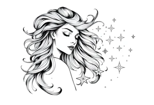 ethereal goddess with flowing hair and beautiful celestial stars tattoo idea