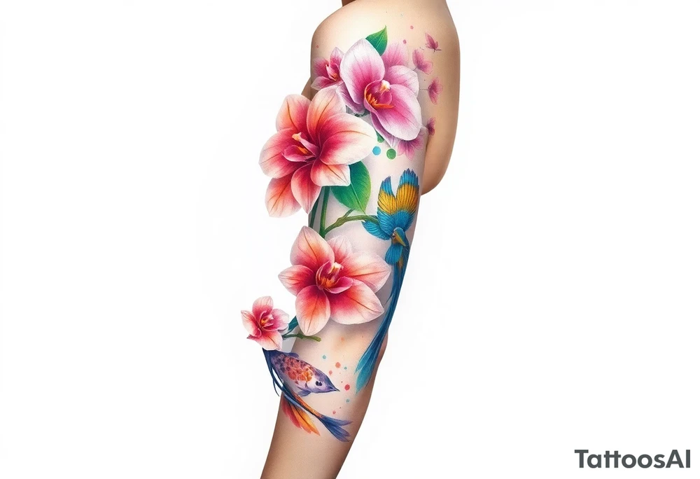 orchid flower ,  Coi fish and colorful birds tattoo idea