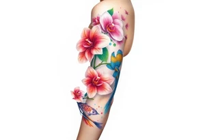 orchid flower ,  Coi fish and colorful birds tattoo idea