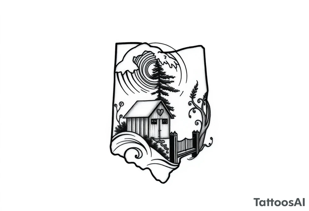 Vertical layout with icons stacked top to bottom:
-Outline of Ohio with a tiny heart/star where cleveland, ohio is, that is wrapped or backed by the Earth symbol from avatar: the last airbender (solid base, mountain-like structure)
-Wave and Piton line art that is surrounded by flowing Air symbol swirls from avatar: the last airbender 
-Barn and pine tree with subtle wedding ring shape in foliage that is embraced by the Water symbol from avatar: the last airbender  (fluid lines, holding it together).
-Stylized Brooklyn Bridge or brownstone silhouette that is rising from or behind the Fire symbol from avatar: the last airbender  (bold flickers around edges). tattoo idea