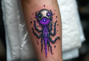 A biomechanical structure crawling up from the palm in brushed aluminum, surrounded by glowing violet circuitry and torn muscle detail. tattoo idea