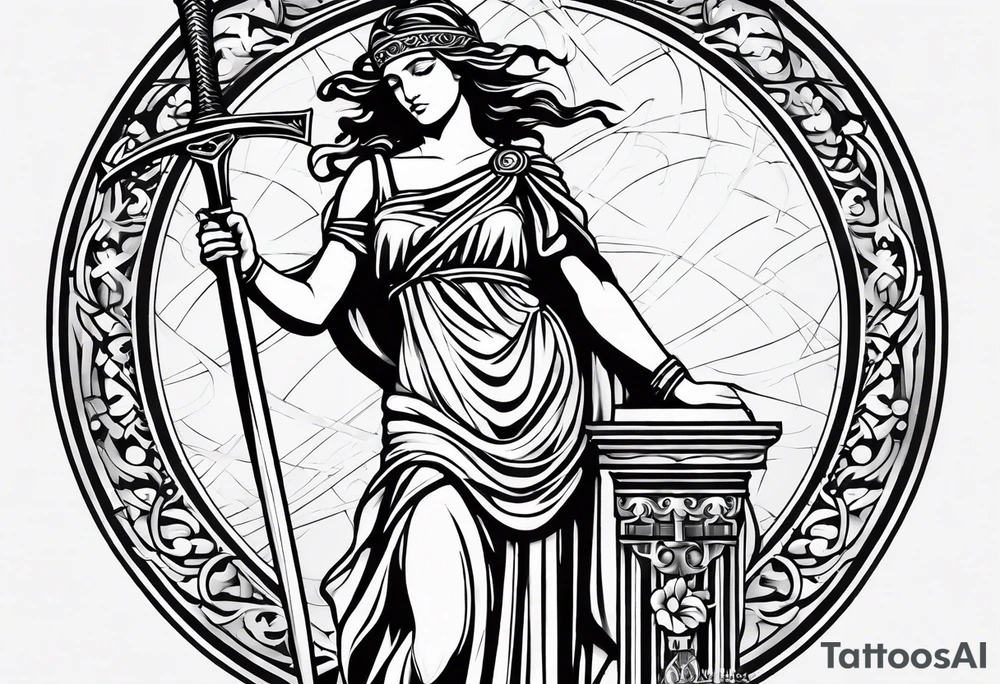 Themis (Greek Goddess of Justice), cutting her eyes with her sword. It is necessary to convey an atmosphere of greed and power. tattoo idea